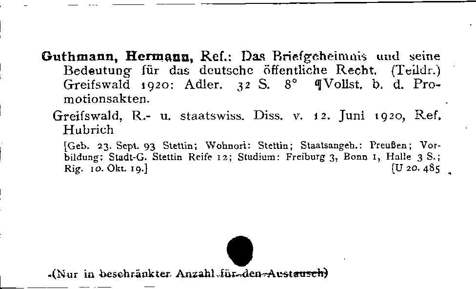 [Katalogkarte Dissertationenkatalog bis 1980]