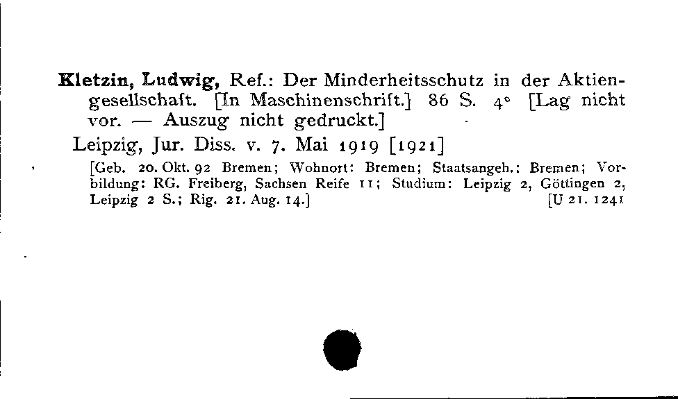 [Katalogkarte Dissertationenkatalog bis 1980]