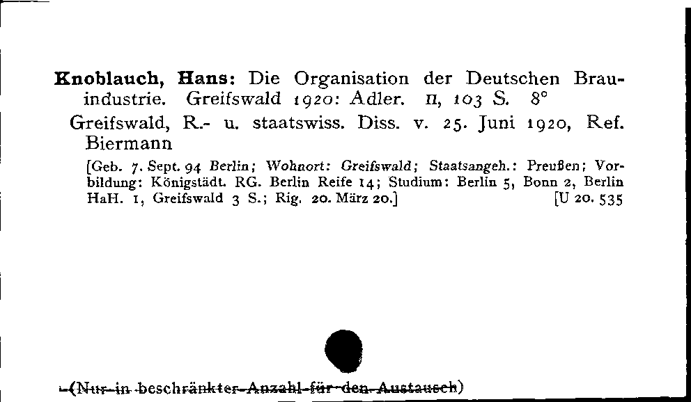 [Katalogkarte Dissertationenkatalog bis 1980]