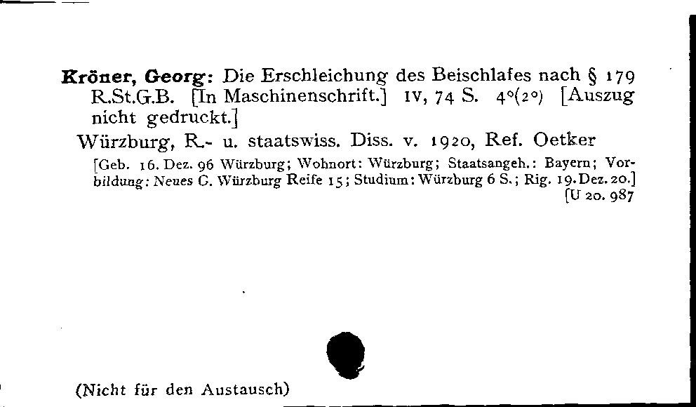 [Katalogkarte Dissertationenkatalog bis 1980]