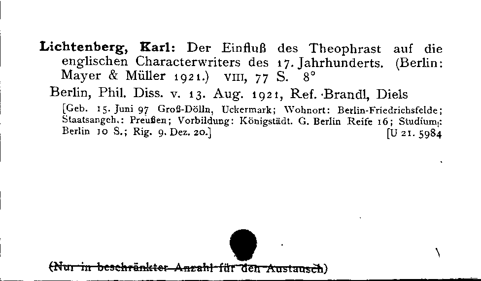 [Katalogkarte Dissertationenkatalog bis 1980]