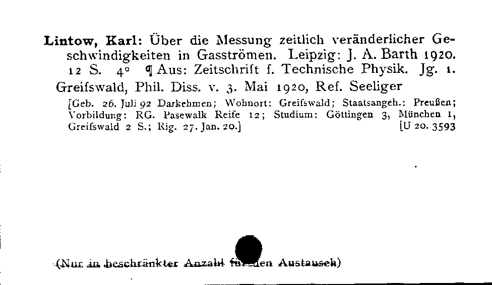 [Katalogkarte Dissertationenkatalog bis 1980]