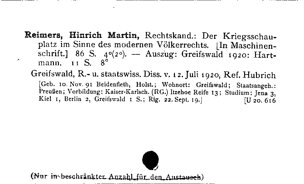 [Katalogkarte Dissertationenkatalog bis 1980]