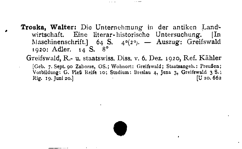 [Katalogkarte Dissertationenkatalog bis 1980]