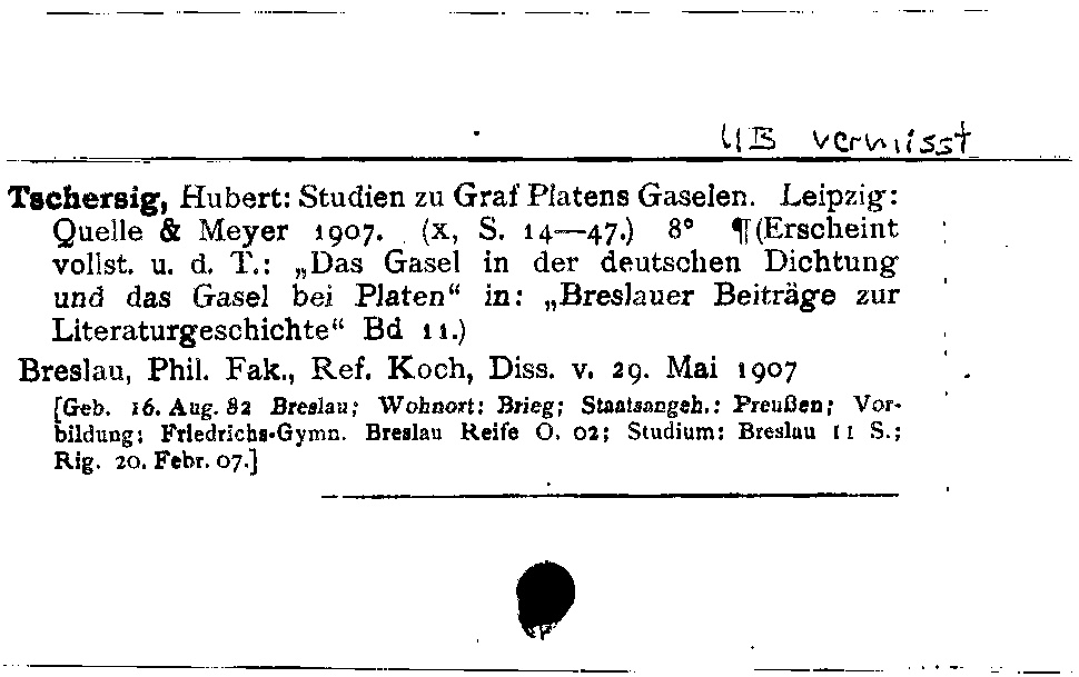 [Katalogkarte Dissertationenkatalog bis 1980]