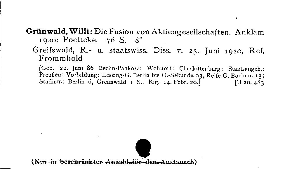 [Katalogkarte Dissertationenkatalog bis 1980]