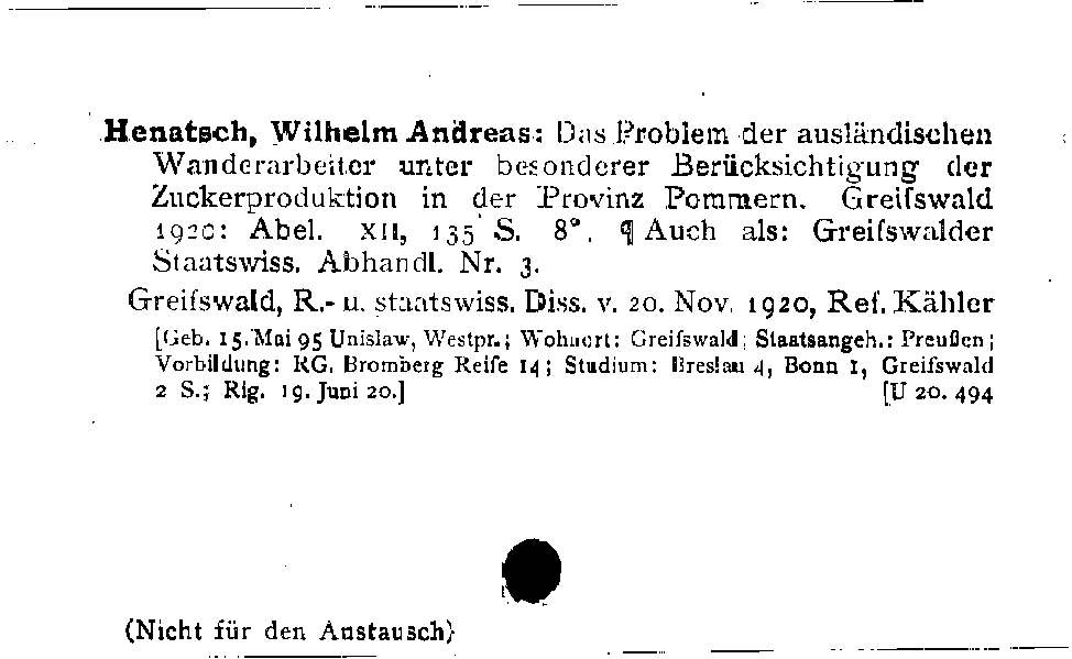 [Katalogkarte Dissertationenkatalog bis 1980]