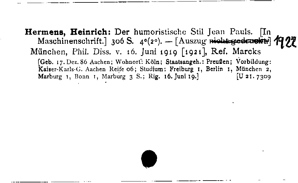 [Katalogkarte Dissertationenkatalog bis 1980]