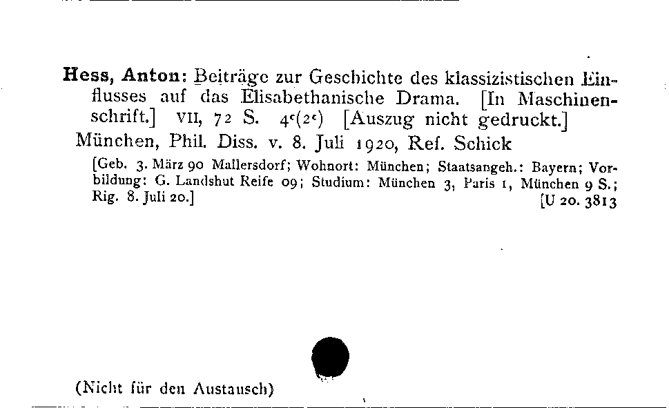 [Katalogkarte Dissertationenkatalog bis 1980]