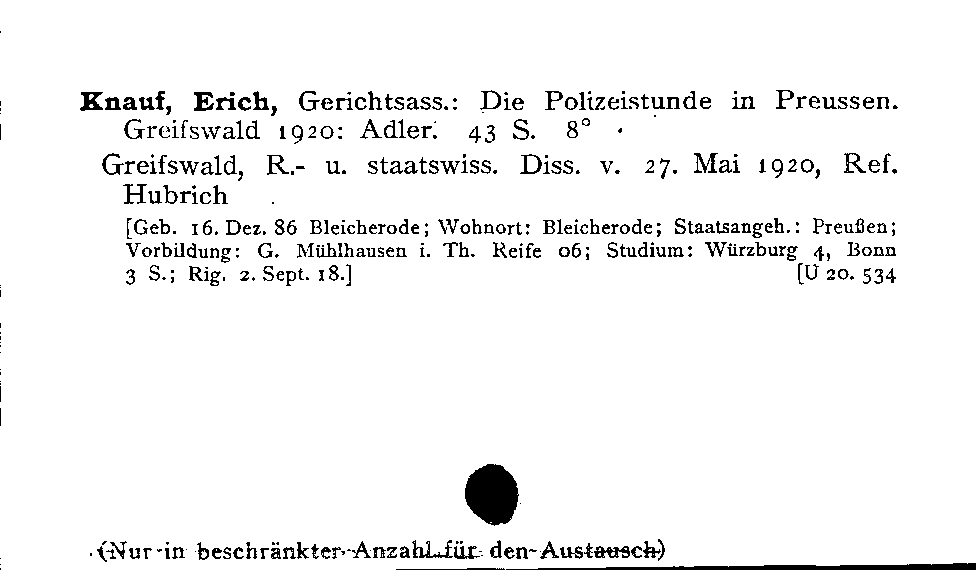 [Katalogkarte Dissertationenkatalog bis 1980]