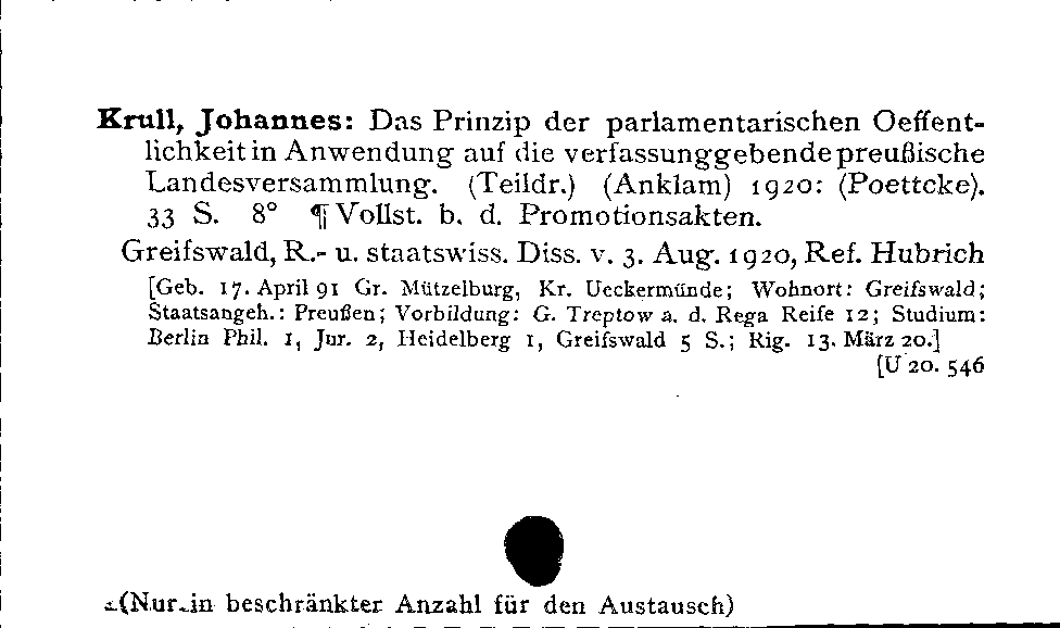 [Katalogkarte Dissertationenkatalog bis 1980]