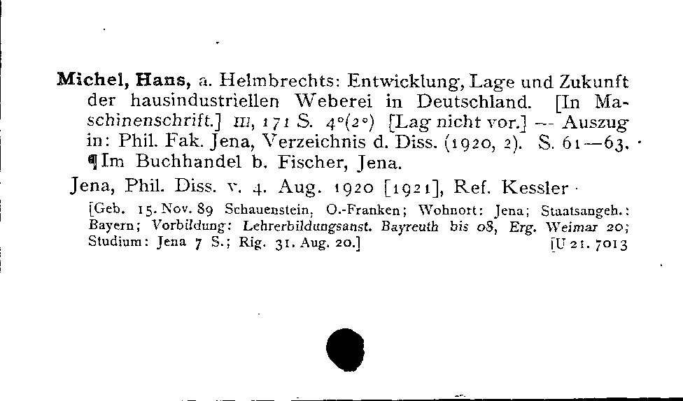 [Katalogkarte Dissertationenkatalog bis 1980]