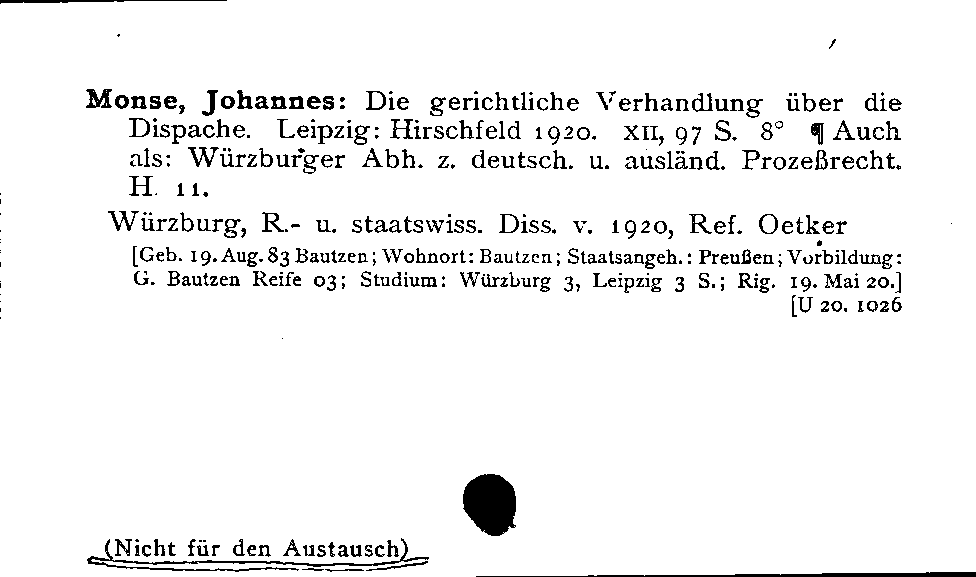 [Katalogkarte Dissertationenkatalog bis 1980]