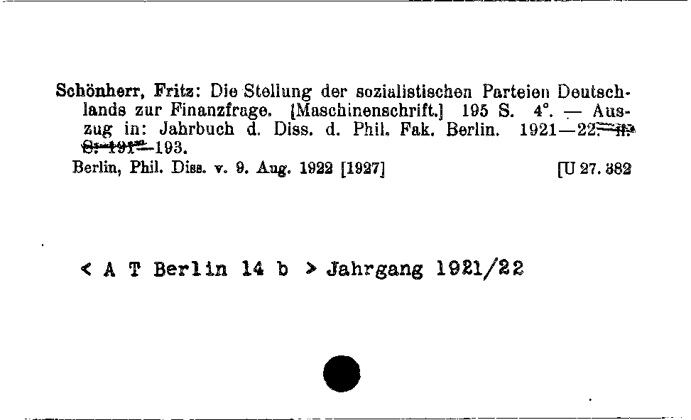 [Katalogkarte Dissertationenkatalog bis 1980]