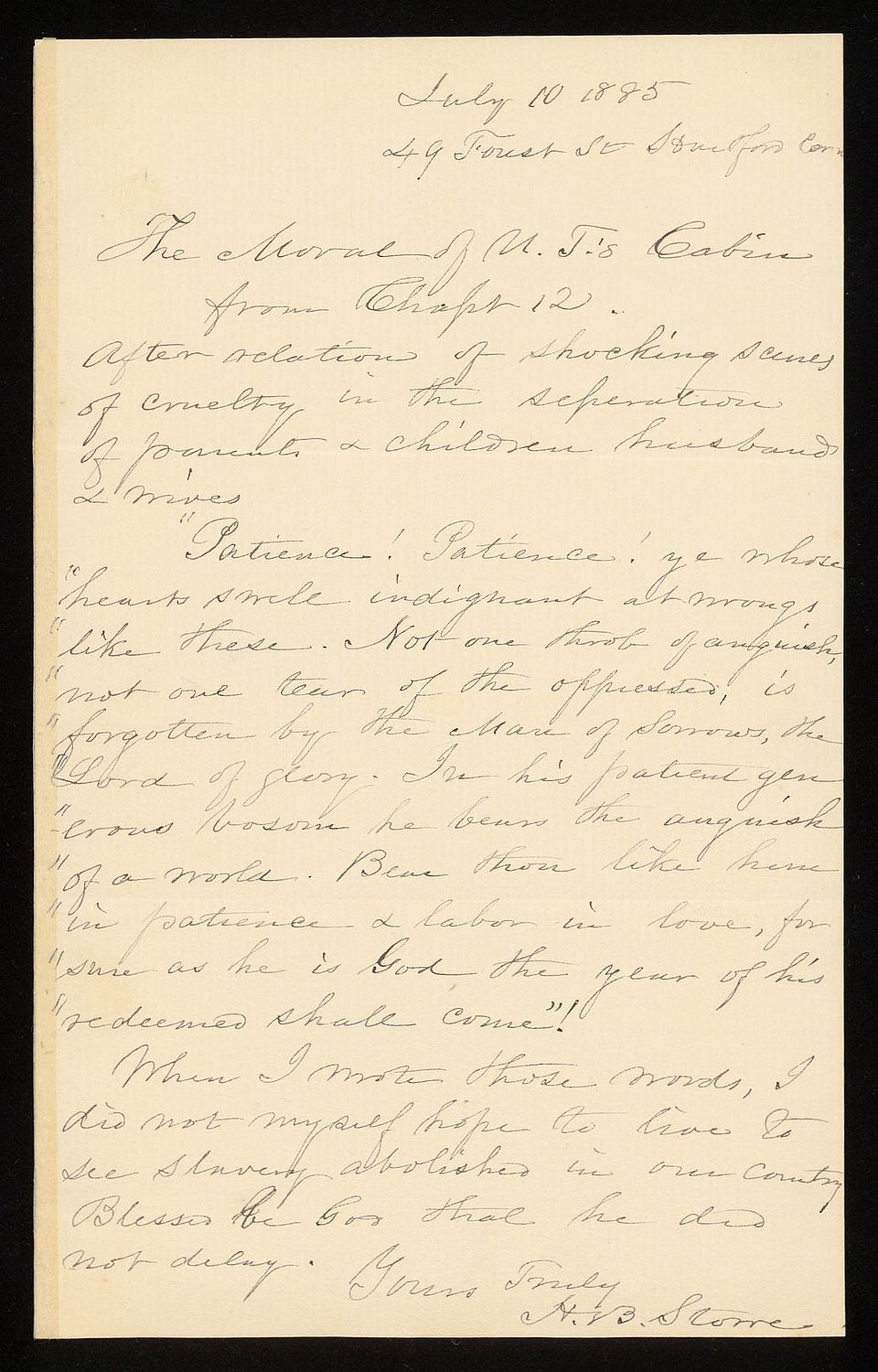 Harriet Beecher Stowe schickte Karl Geigy einen Ausschnitt aus Onkel Toms Hütte: «The Moral of U. T.’s Cabin» (Signatur UBH Autogr Geigy-Hagenbach 1540). Sie und Erasmus, Michelangelo, Luther, Wallenstein, Maria Theresia, Newton, Mozart, Schiller, Abraham Lincoln, Sarah Bernhardt, Enrico Caruso sind nur einige der Berühmtheiten, die sich in der Sammlung ein Stelldichein geben.