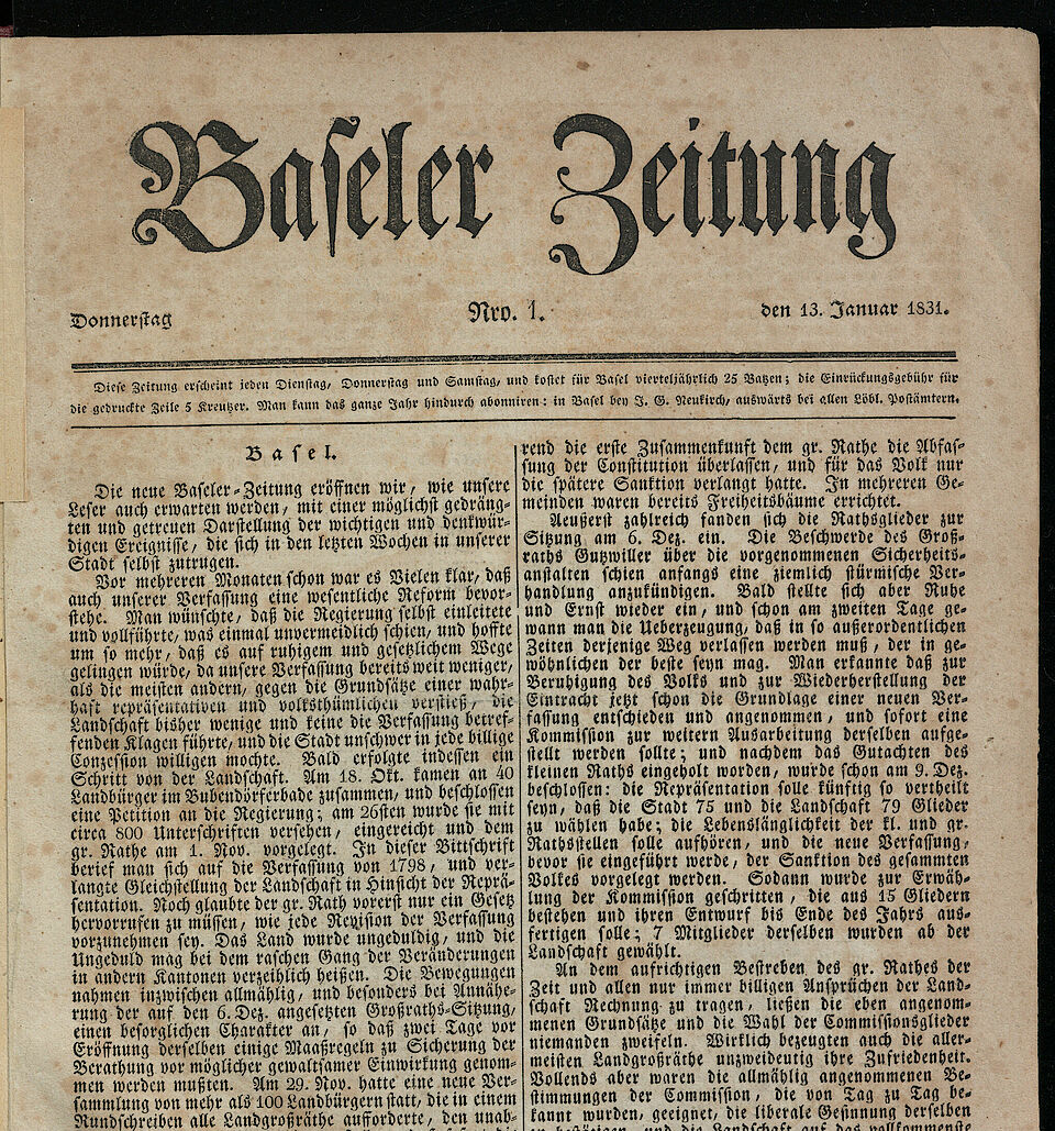 Basler Zeitung aus dem Jahr 1831
