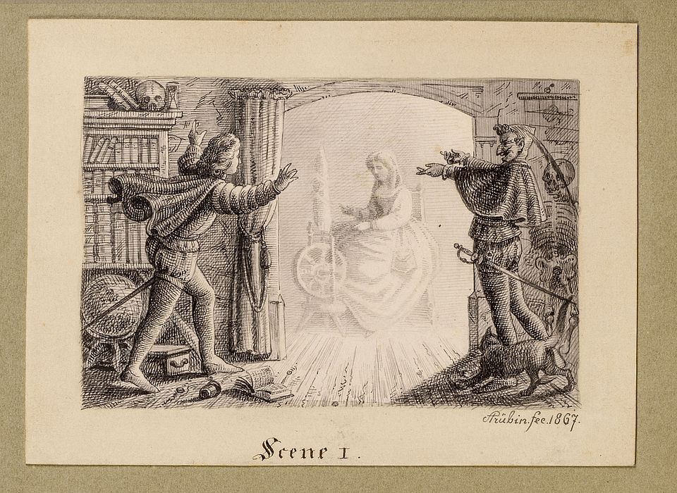 Szene aus Goethes «Faust», [N.] Strübin, Scene I., 1867 Tuschzeichnung über Bleistift, weiss gehüllt Signatur UBH NL 404: D:1
