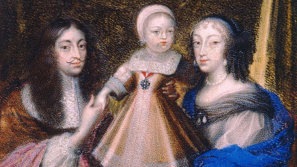 Das Kurfürstenpaar Ferdinand Maria und Henriette Adelaide von Bayern mit einem jüngeren Sohn.